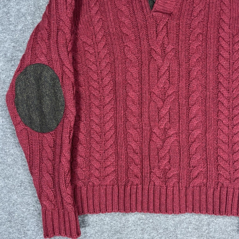 Alan Paine Henley Sweater Mens XL Red Cable Knit English Explorer Elbow Patches - Picture 5 of 11